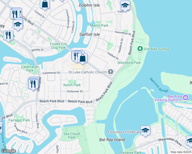 map of restaurants, bars, coffee shops, grocery stores, and more near 1111 Compass Lane in Foster City