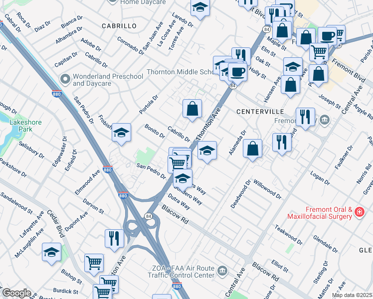 map of restaurants, bars, coffee shops, grocery stores, and more near 4737 Thornton Avenue in Fremont