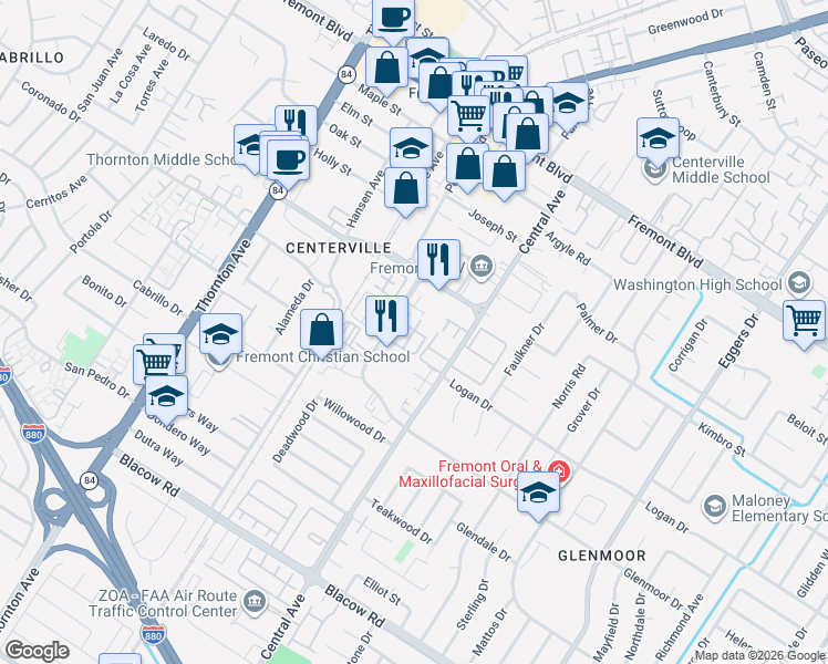 map of restaurants, bars, coffee shops, grocery stores, and more near in Hayward