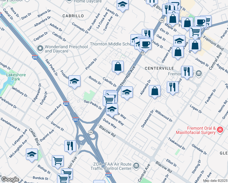 map of restaurants, bars, coffee shops, grocery stores, and more near 36942 Cabrillo Drive in Fremont