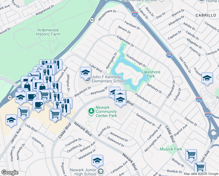 map of restaurants, bars, coffee shops, grocery stores, and more near 35628 Reymouth Drive in Newark