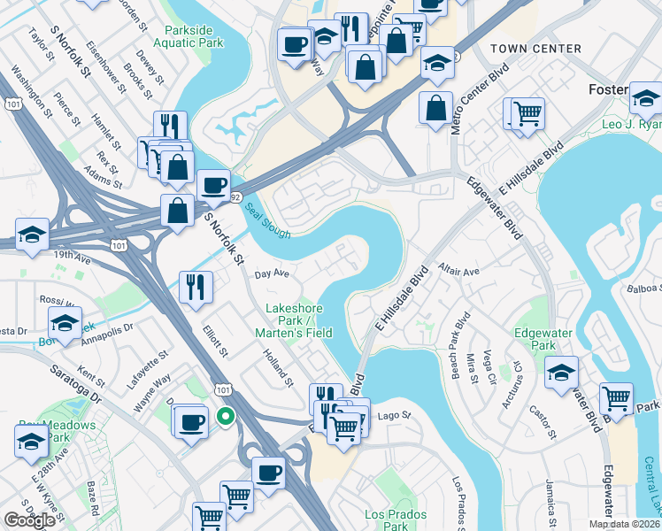 map of restaurants, bars, coffee shops, grocery stores, and more near 1715 Marina Court in San Mateo