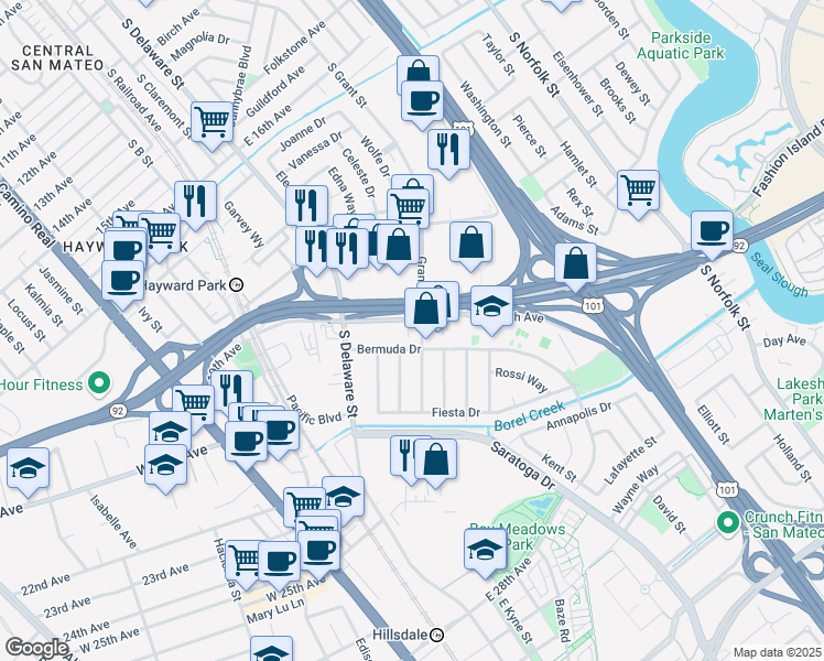 map of restaurants, bars, coffee shops, grocery stores, and more near 640 19th Avenue in San Mateo