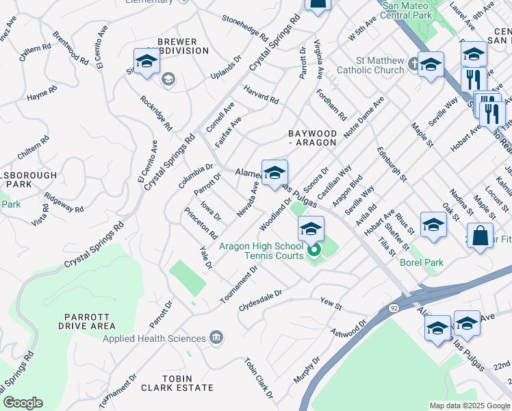 map of restaurants, bars, coffee shops, grocery stores, and more near 625 Nevada Avenue in San Mateo
