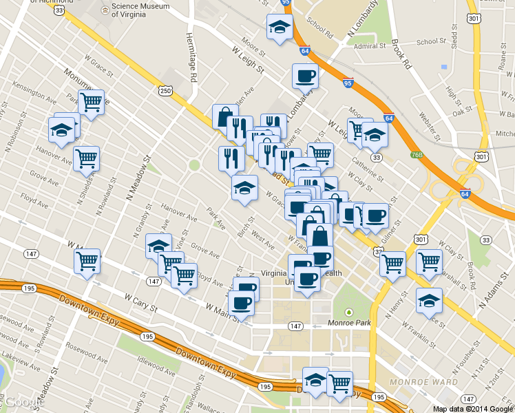 map of restaurants, bars, coffee shops, grocery stores, and more near 1115 West Grace Street in Richmond