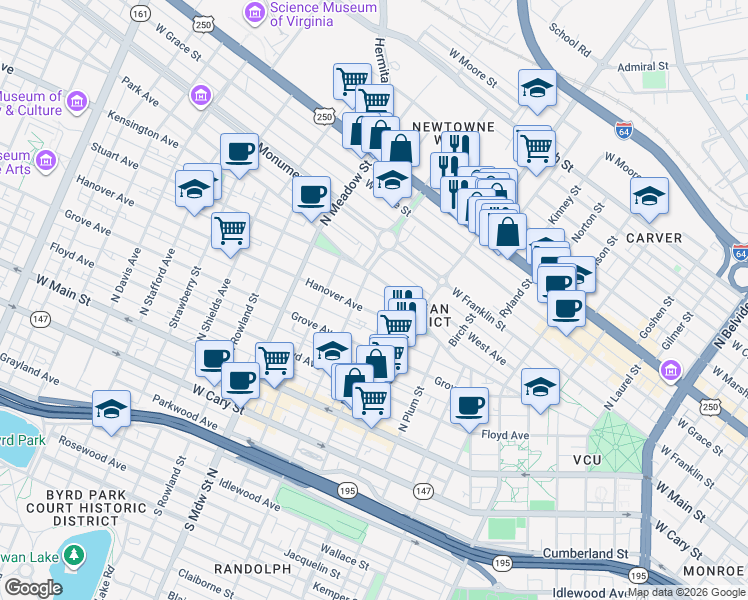 map of restaurants, bars, coffee shops, grocery stores, and more near 1706 Park Avenue in Richmond