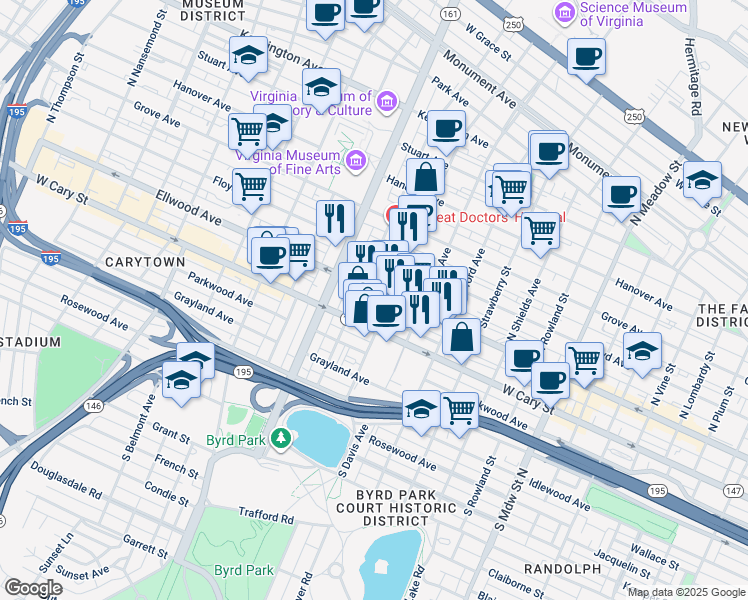 map of restaurants, bars, coffee shops, grocery stores, and more near 2610 West Main Street in Richmond