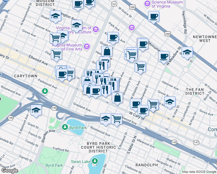 map of restaurants, bars, coffee shops, grocery stores, and more near 2511 Floyd Avenue in Richmond