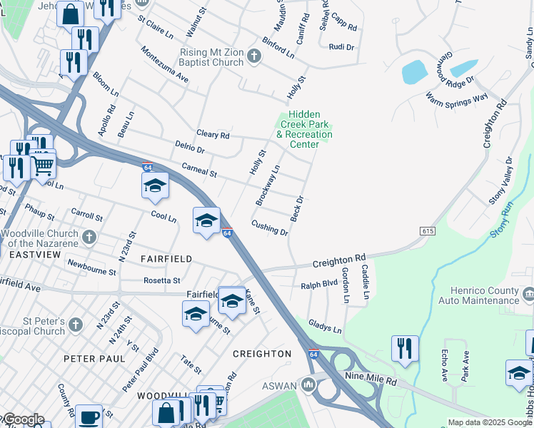 map of restaurants, bars, coffee shops, grocery stores, and more near 2705 Catchpenny Road in Richmond