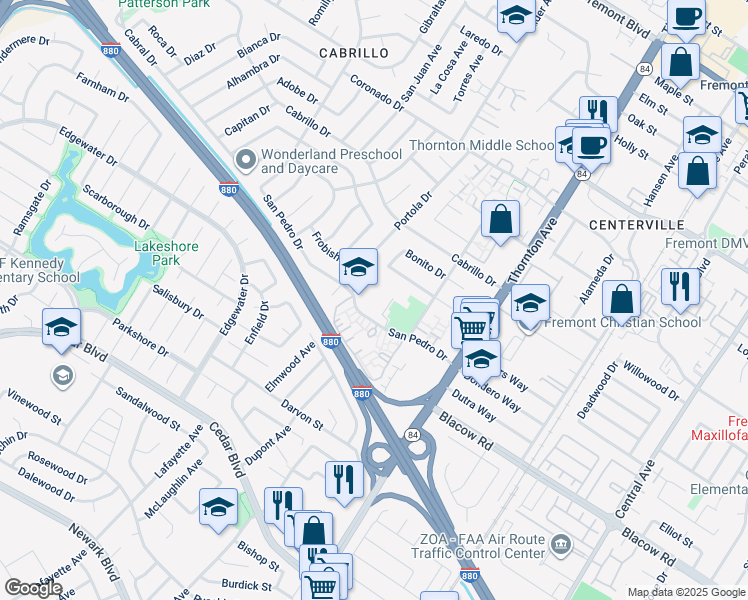 map of restaurants, bars, coffee shops, grocery stores, and more near 36700 San Pedro Drive in Fremont