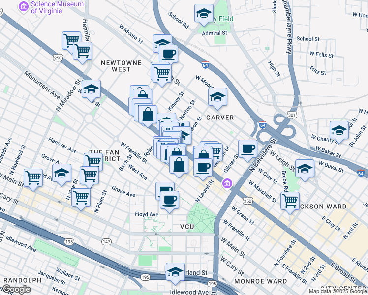 map of restaurants, bars, coffee shops, grocery stores, and more near 1108 West Broad Street in Richmond