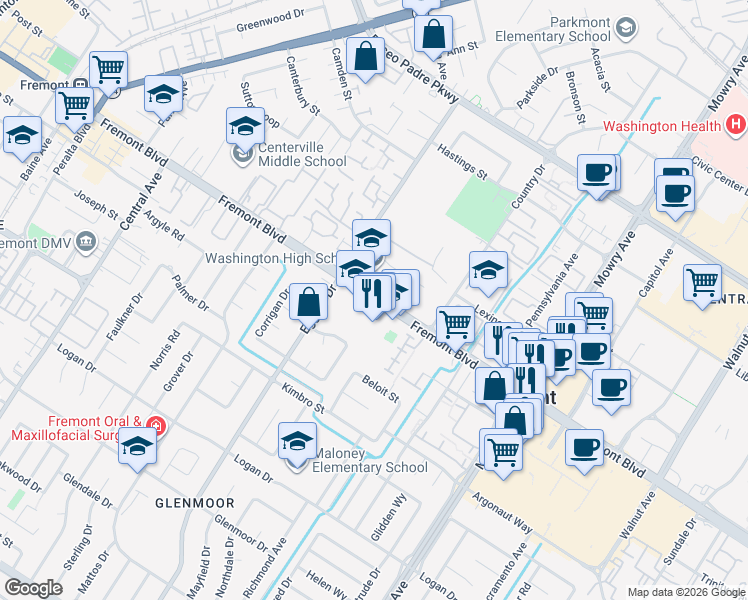 map of restaurants, bars, coffee shops, grocery stores, and more near 38442 Fremont Boulevard in Fremont