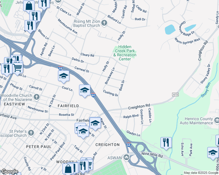 map of restaurants, bars, coffee shops, grocery stores, and more near 2705 Catchpenny Road in Richmond