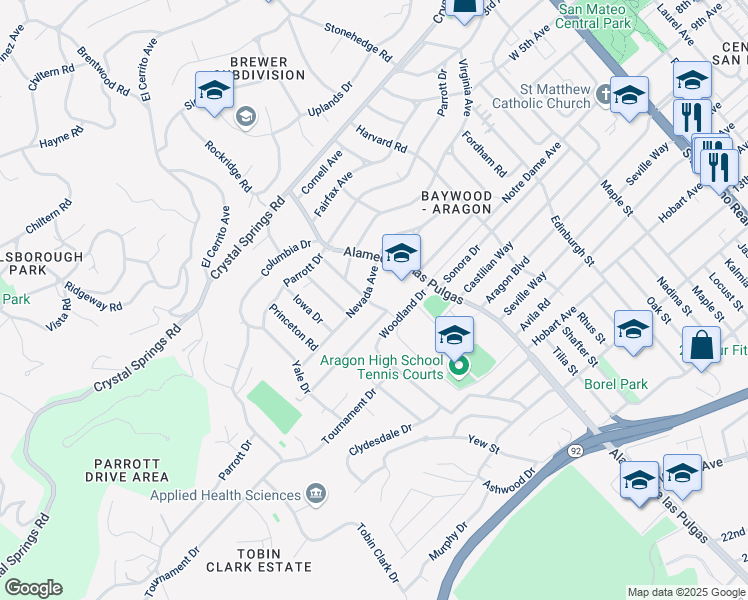 map of restaurants, bars, coffee shops, grocery stores, and more near 625 Nevada Avenue in San Mateo