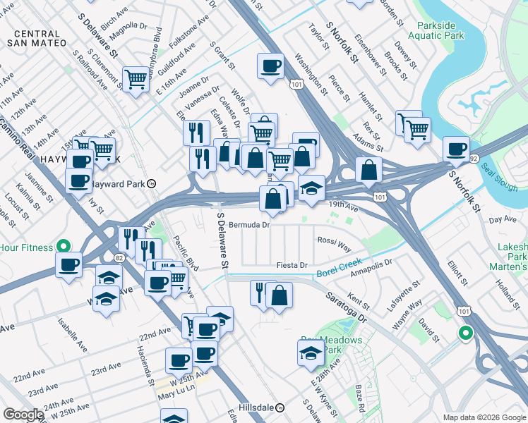map of restaurants, bars, coffee shops, grocery stores, and more near 640 19th Avenue in San Mateo