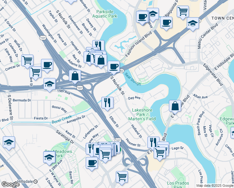 map of restaurants, bars, coffee shops, grocery stores, and more near 2 Waters Park Drive in San Mateo