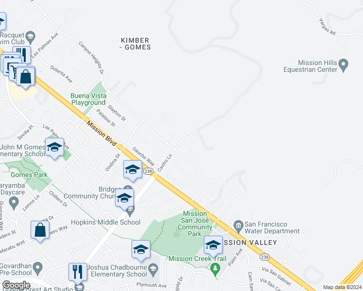 map of restaurants, bars, coffee shops, grocery stores, and more near 41047 Pementel Court in Fremont