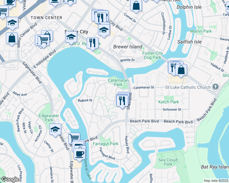 map of restaurants, bars, coffee shops, grocery stores, and more near 822 Magellan Lane in Foster City
