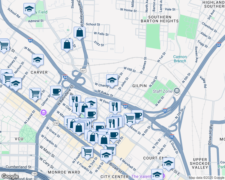 map of restaurants, bars, coffee shops, grocery stores, and more near 100 West Baker Street in Richmond