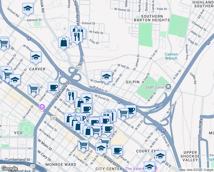 map of restaurants, bars, coffee shops, grocery stores, and more near 100 West Baker Street in Richmond