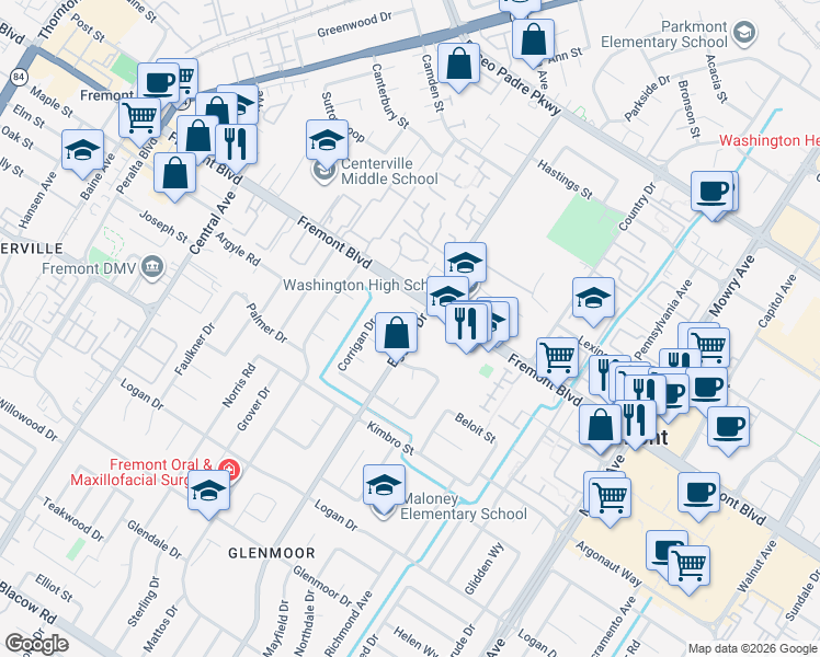 map of restaurants, bars, coffee shops, grocery stores, and more near 4085 Eggers Drive in Fremont