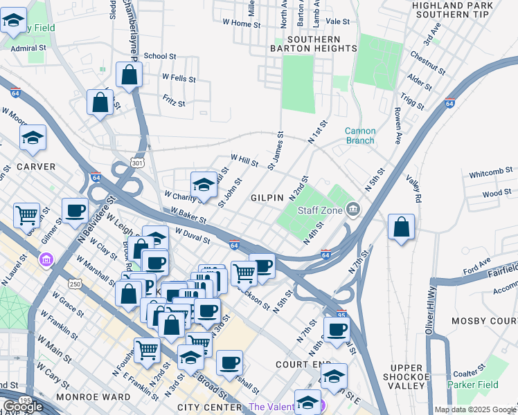 map of restaurants, bars, coffee shops, grocery stores, and more near 1020 North 1st Street in Richmond