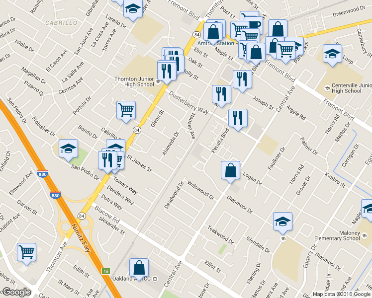 map of restaurants, bars, coffee shops, grocery stores, and more near 4548 Merced Common in Fremont