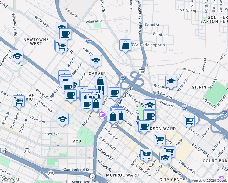 map of restaurants, bars, coffee shops, grocery stores, and more near 809 West Leigh Street in Richmond