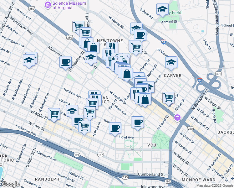 map of restaurants, bars, coffee shops, grocery stores, and more near 1140 West Grace Street in Richmond