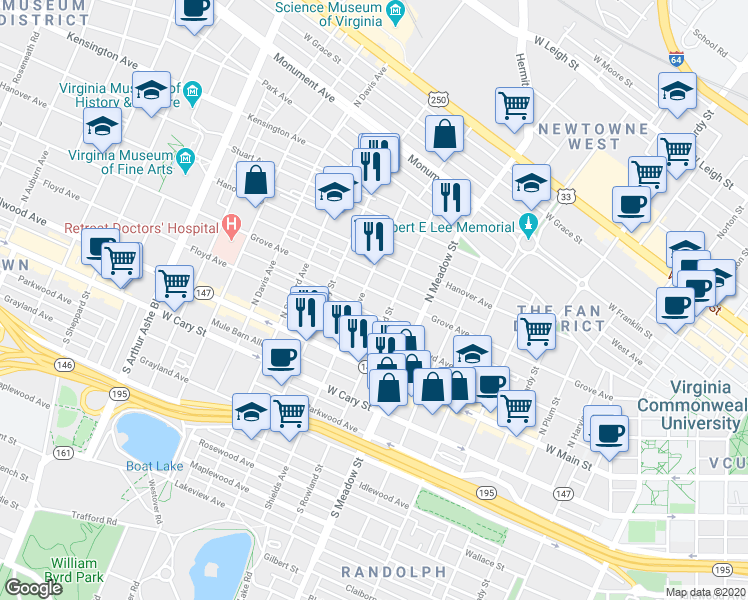 map of restaurants, bars, coffee shops, grocery stores, and more near 2100 Grove Avenue in Richmond