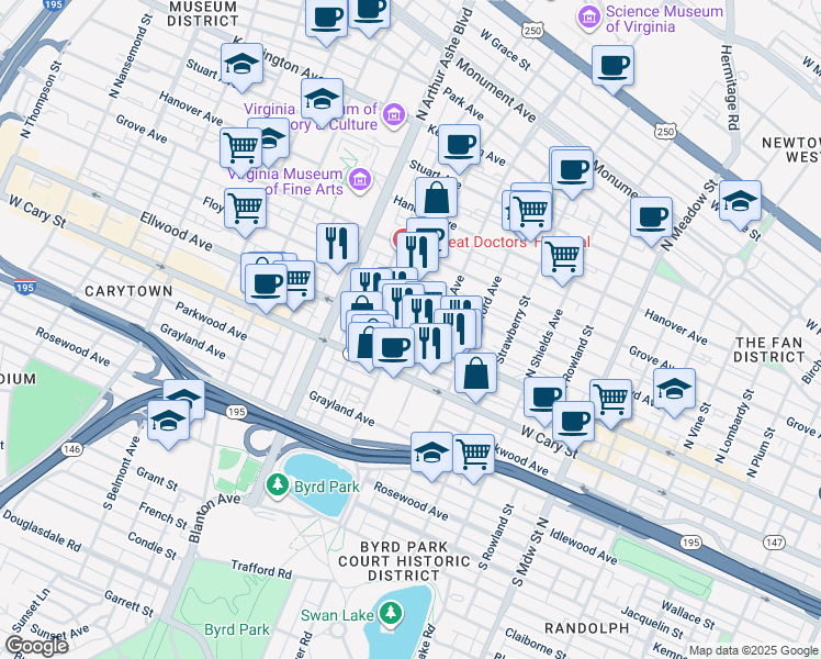 map of restaurants, bars, coffee shops, grocery stores, and more near 2610 West Main Street in Richmond