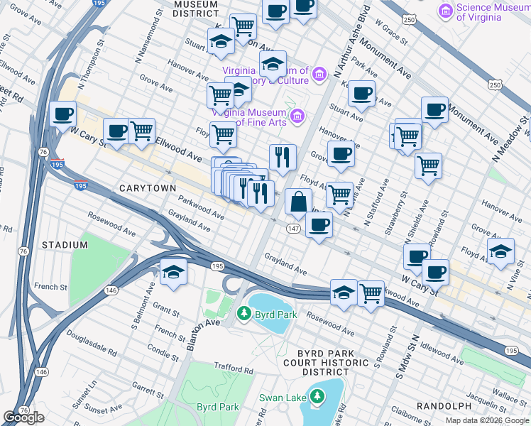 map of restaurants, bars, coffee shops, grocery stores, and more near 8 South Arthur Ashe Boulevard in Richmond