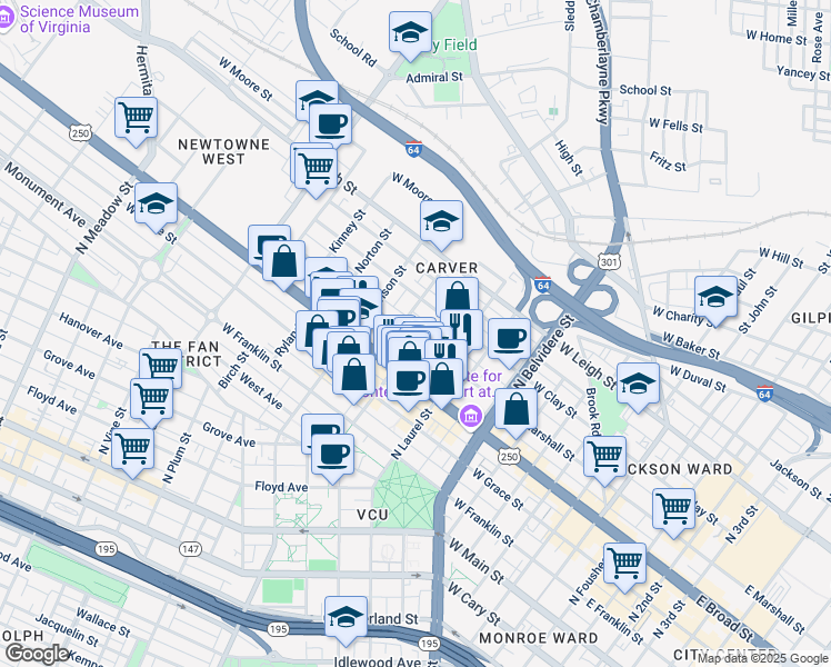 map of restaurants, bars, coffee shops, grocery stores, and more near 1006 West Marshall Street in Richmond