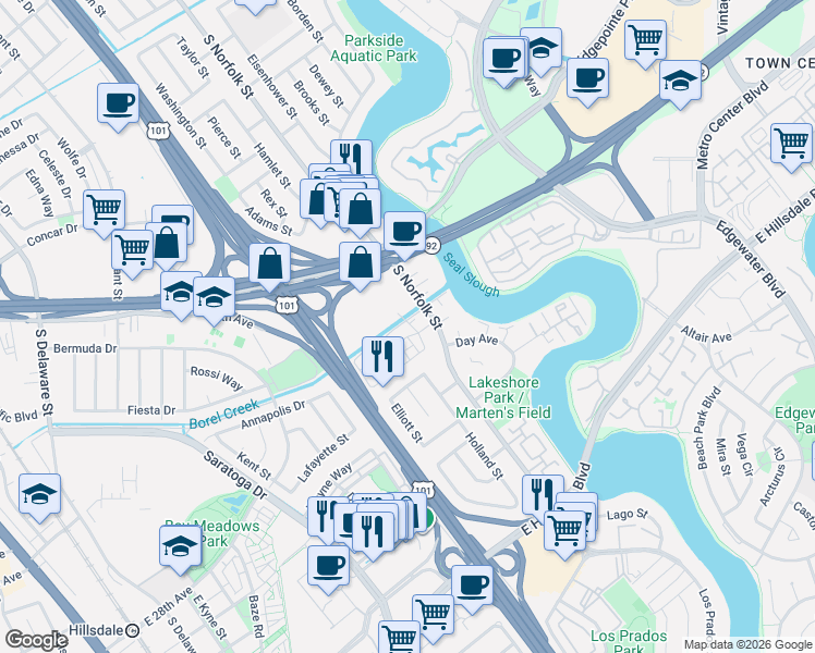 map of restaurants, bars, coffee shops, grocery stores, and more near 2108 South Norfolk Street in San Mateo