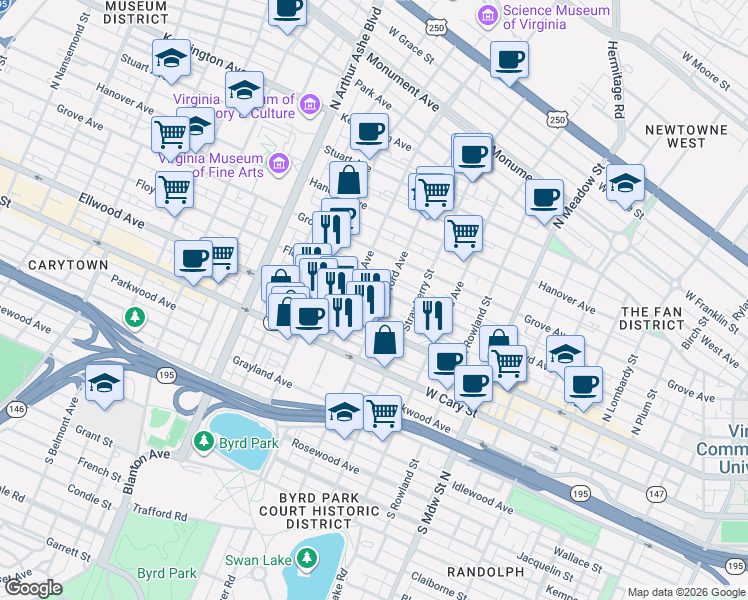 map of restaurants, bars, coffee shops, grocery stores, and more near 2410 Floyd Avenue in Richmond