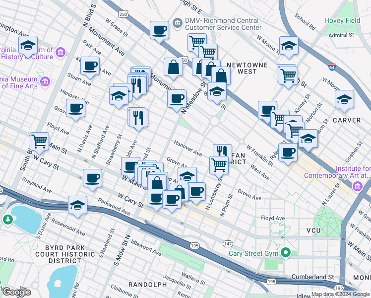 map of restaurants, bars, coffee shops, grocery stores, and more near 1829 Hanover Avenue in Richmond