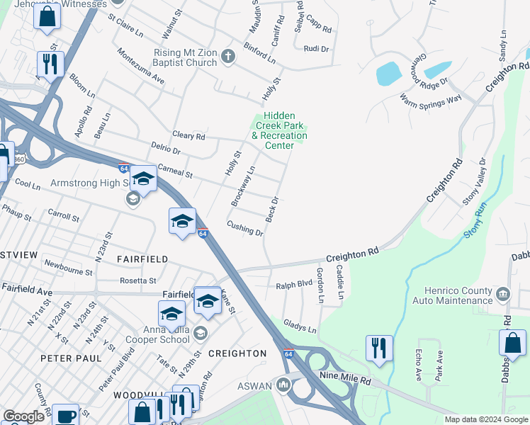 map of restaurants, bars, coffee shops, grocery stores, and more near 2100 Beck Drive in Richmond