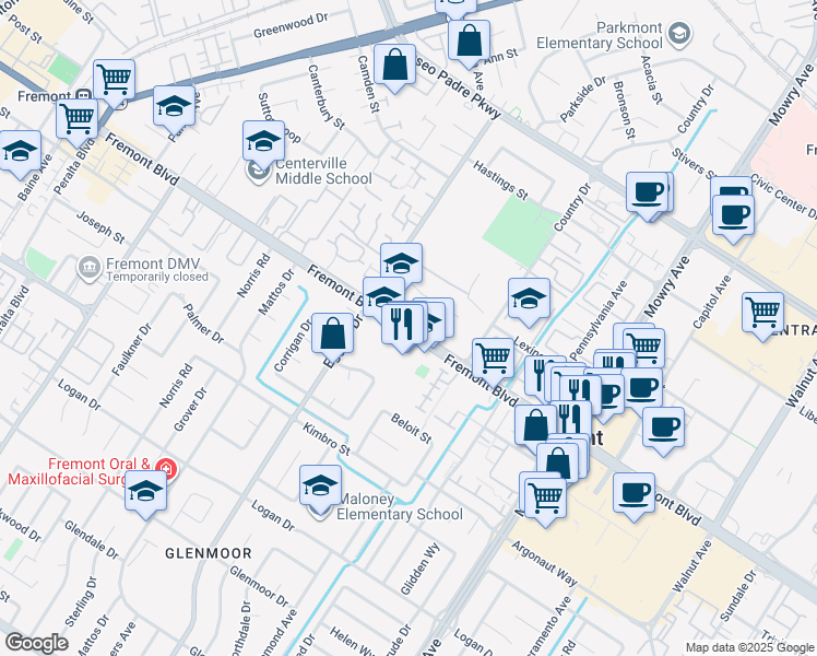 map of restaurants, bars, coffee shops, grocery stores, and more near 38458 Fremont Blvd in Fremont