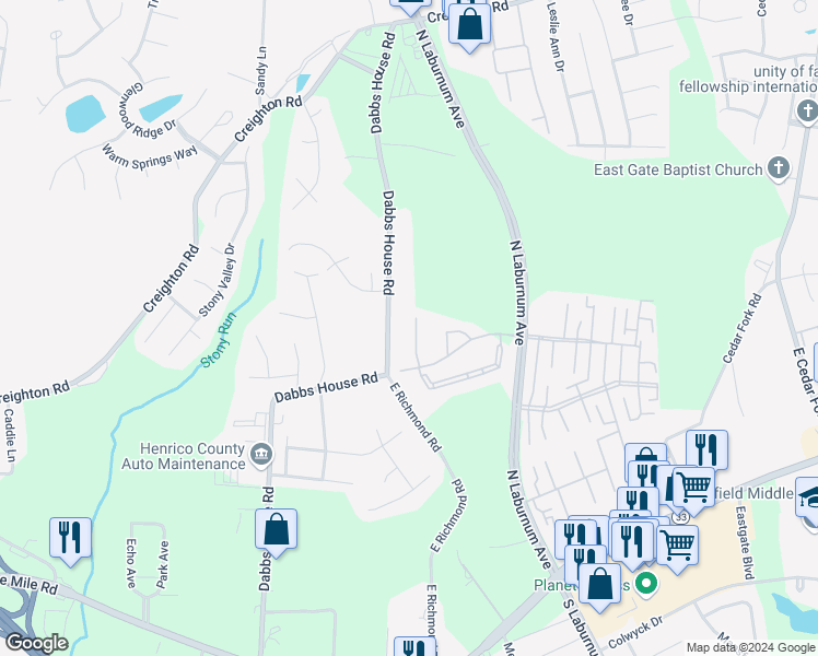 map of restaurants, bars, coffee shops, grocery stores, and more near 428 Kingsridge Road in Richmond