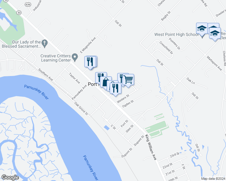 map of restaurants, bars, coffee shops, grocery stores, and more near 140 Oak Grove Avenue in West Point
