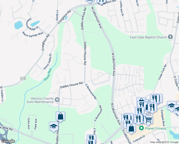 map of restaurants, bars, coffee shops, grocery stores, and more near 428 Kingsridge Road in Richmond