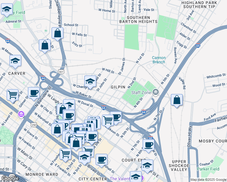 map of restaurants, bars, coffee shops, grocery stores, and more near 1020 North 1st Street in Richmond