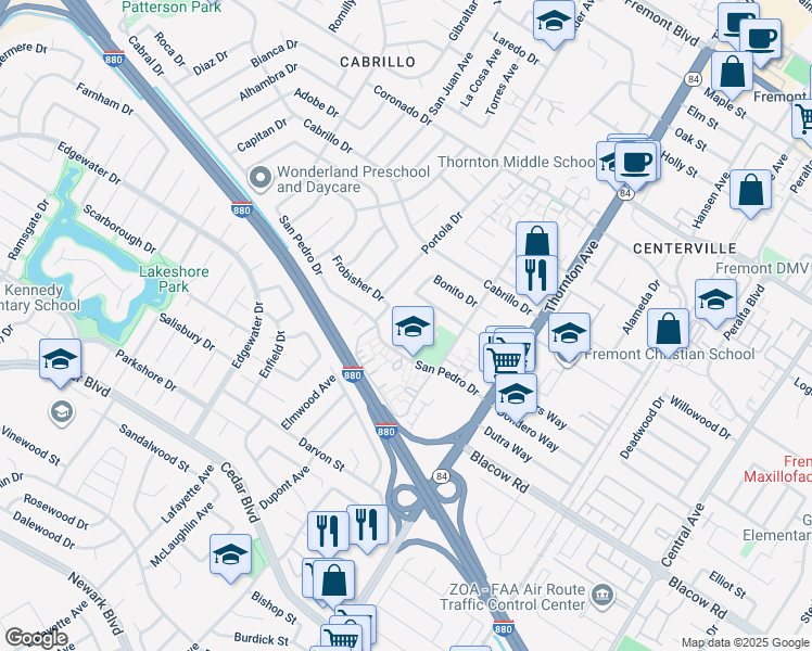 map of restaurants, bars, coffee shops, grocery stores, and more near 36700 San Pedro Drive in Fremont