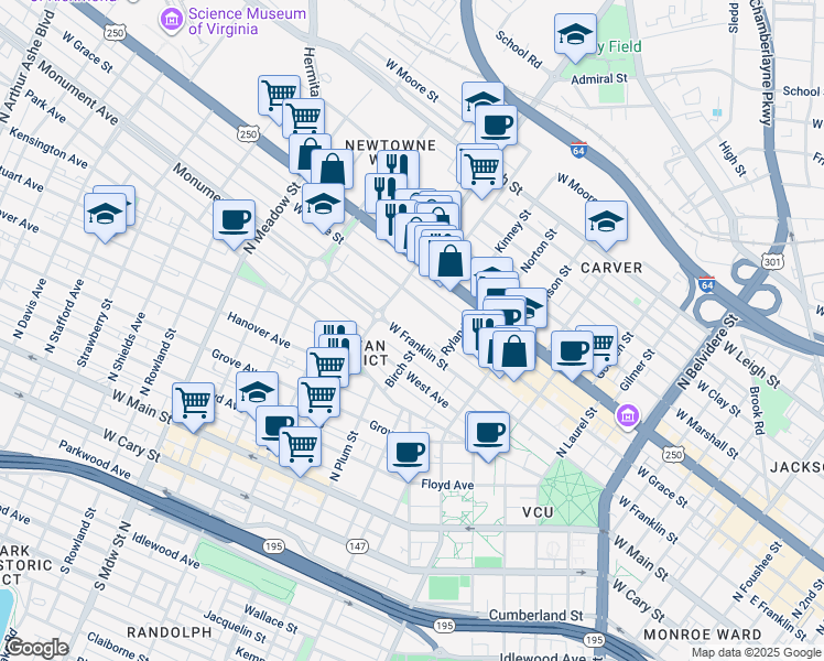 map of restaurants, bars, coffee shops, grocery stores, and more near 1210 West Franklin Street in Richmond