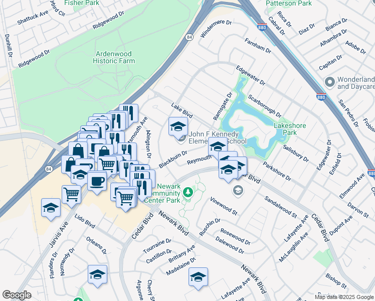 map of restaurants, bars, coffee shops, grocery stores, and more near 35430 Blackburn Drive in Newark
