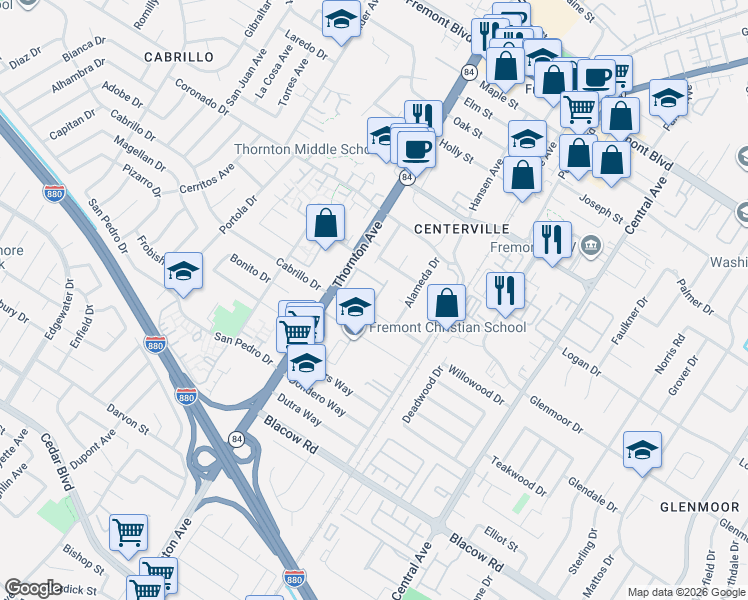 map of restaurants, bars, coffee shops, grocery stores, and more near 4649 Rothbury Common in Fremont