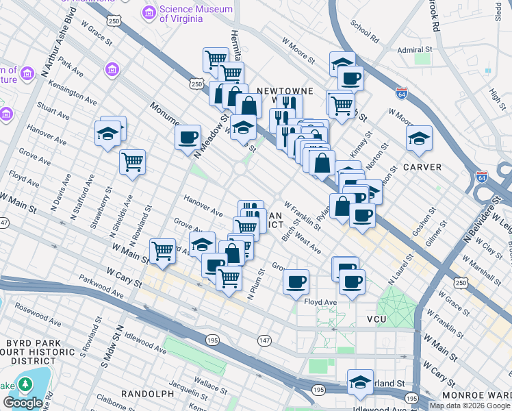 map of restaurants, bars, coffee shops, grocery stores, and more near 1609 Monument Avenue in Richmond