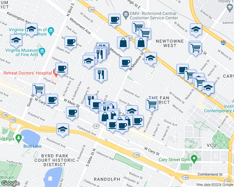 map of restaurants, bars, coffee shops, grocery stores, and more near 202 North Meadow Street in Richmond