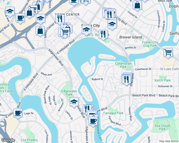 map of restaurants, bars, coffee shops, grocery stores, and more near 803 Balboa Lane in Foster City
