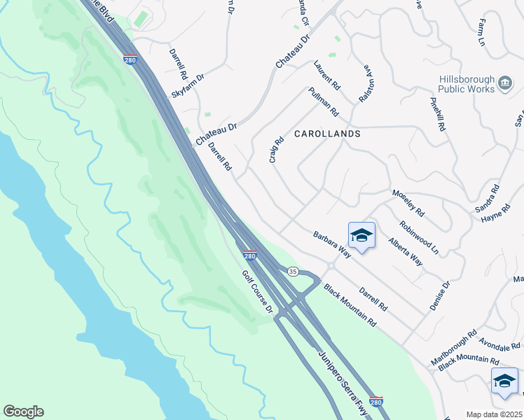 map of restaurants, bars, coffee shops, grocery stores, and more near 530 Darrell Road in Hillsborough